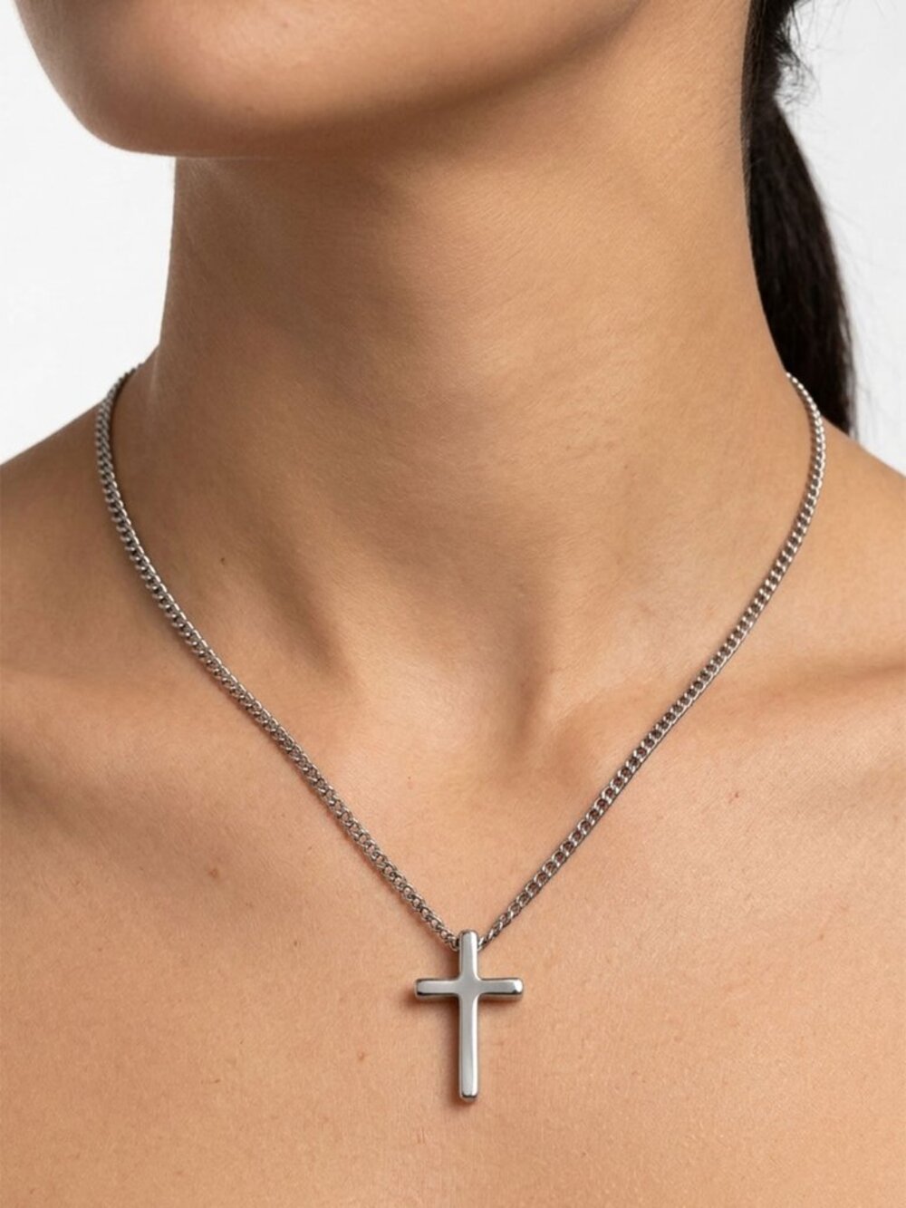 Silver Tone Minimalist Small Cross Pendant Curb Chain Necklace Religious Charm
